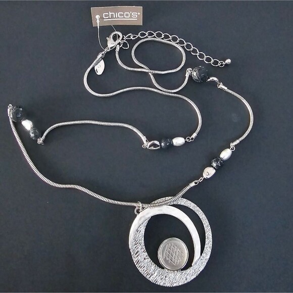 NEW WITH TAGS Chicos,Elegant Silver Pendent Necklace: Black Accents 32" Chain - Picture 4 of 7